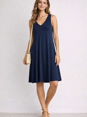 Hudson North Dress L Navy Sleeveless V Neck Swing Elegant Navy V-Neck Midi Dress
